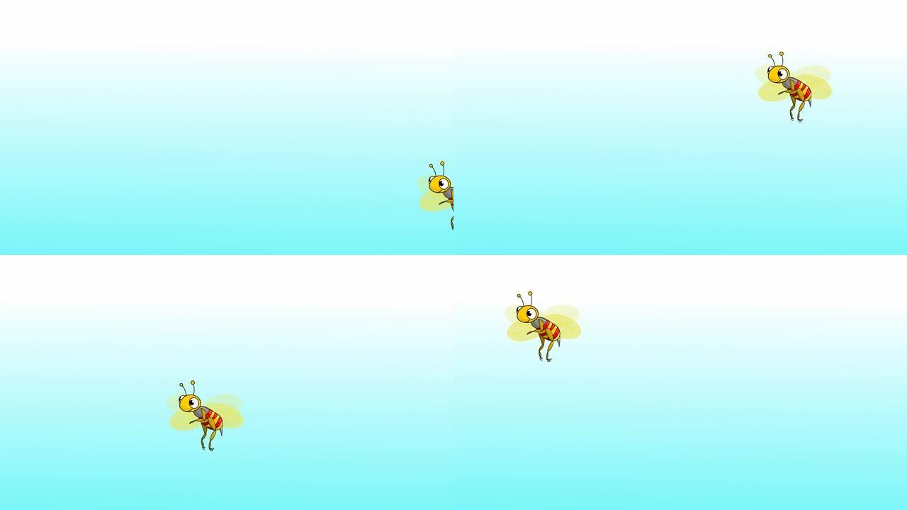 飞蜂动画。动画，卡通人物蜜蜂。弯曲的路线。拍打翅膀蜜蜂排成一行。2d绘制动画