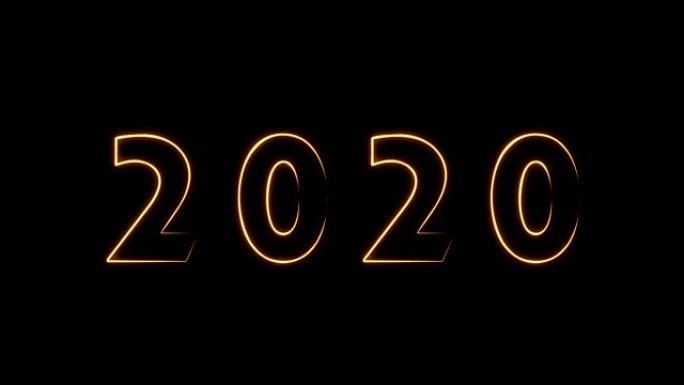 新年快乐2020文本设计，黑色背景上旋转橙色光，新年概念设计