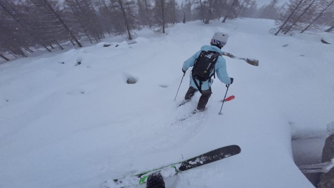 野雪小树林双板滑雪跟拍4K