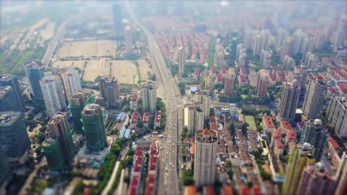 白天上海城市景观交通道路空中全景4k倾斜移位中国