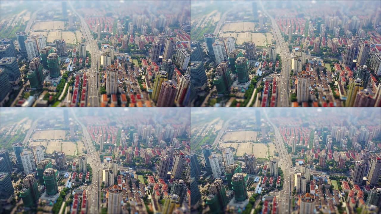 白天上海城市景观交通道路空中全景4k倾斜移位中国