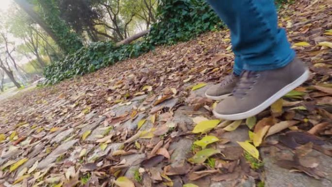 摄像机的4k慢动作视频跟随一个男人在树林中行走的脚