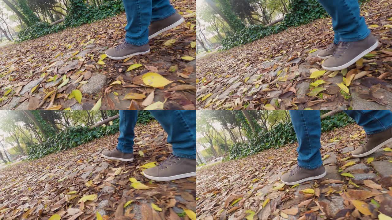 摄像机的4k慢动作视频跟随一个男人在树林中行走的脚