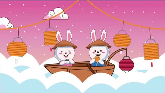 中秋节动画与兔子夫妇在云中的船上