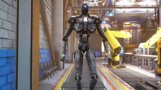 网络机器人检查机器人工厂中的自动化生产线。汽车、工业和科幻小说背景的动画。