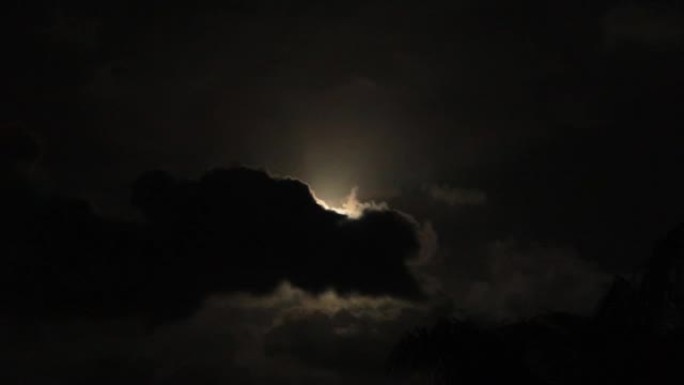 明亮的黄色月亮光在黑色和灰色的云层中发光的夜景视图