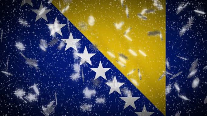 波斯尼亚和黑塞哥维那国旗飘雪，新年和圣诞节背景，循环
