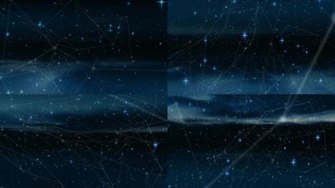 发光的星星和连接网络在蓝色背景下移动