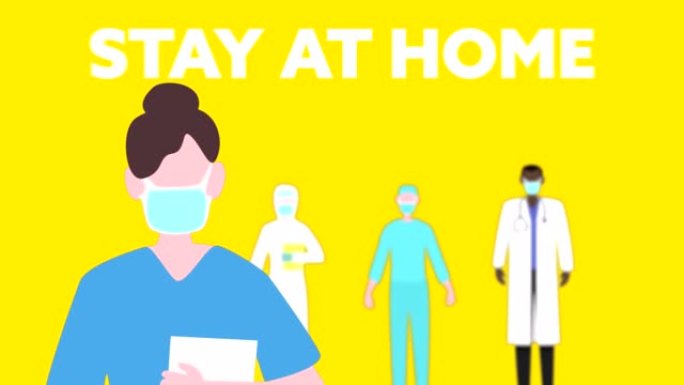 社交距离消息护士戴着口罩，医务人员站立的动画