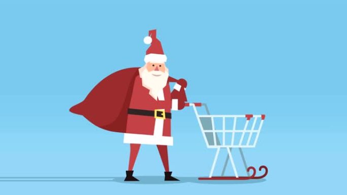 扁平快乐圣诞老人孤立卡通人物步行自行车，带礼品袋和购物雪橇车动画