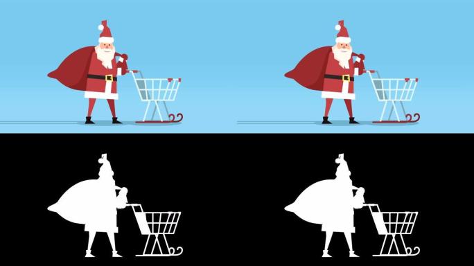 扁平快乐圣诞老人孤立卡通人物步行自行车，带礼品袋和购物雪橇车动画