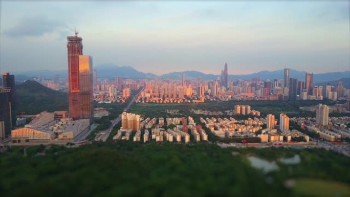 日落灯深圳城市景观莲花山公园建设空中全景4k倾斜移位中国