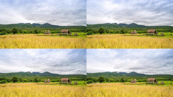 泰国清迈稻田和山脉上移动云层的延时
