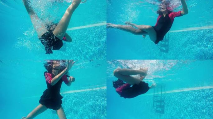 快乐的亚洲女孩游泳，周末在游泳池玩得开心。