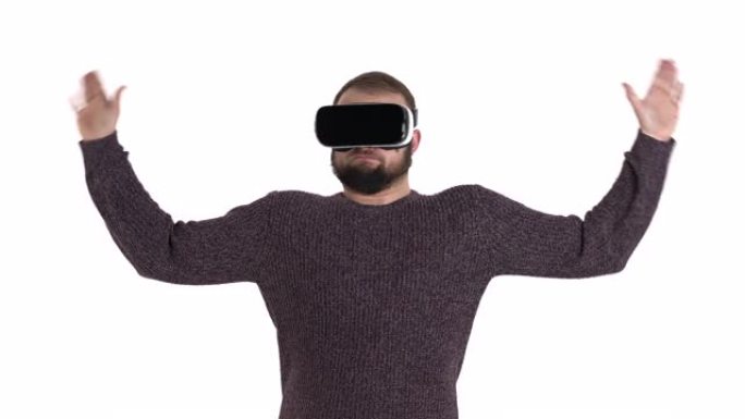 戴着虚拟现实眼镜的年轻大胡子时髦家伙。握手和摇头的家伙。3D渲染动画。高科技概念
