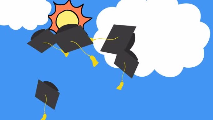 毕业学院的动画大学帽子被抛向空中，背景是蓝天