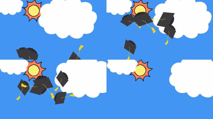 毕业学院的动画大学帽子被抛向空中，背景是蓝天