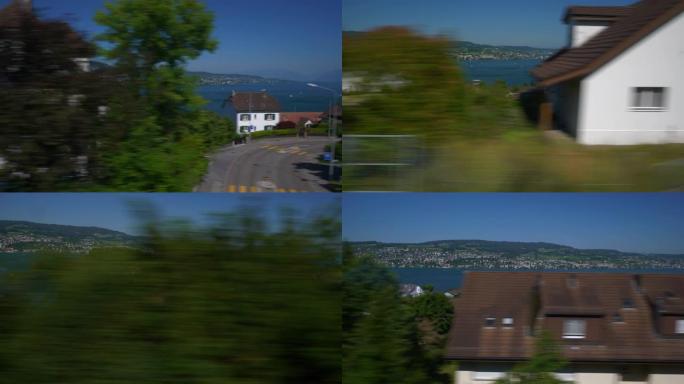 阳光明媚的日子苏黎世卢塞恩湖边湾火车公路旅行乘客视点全景4k瑞士