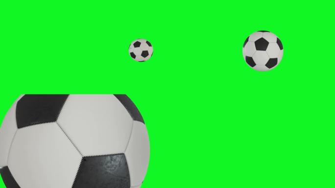 绿屏背景上的足球足球视频过渡。逼真的足球足球飞向镜头