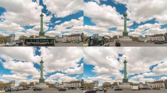 法国巴黎-2019年5月4日: 巴黎法国时间流逝4K，巴士底狱广场的城市天际线延时