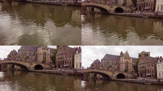 比利时根特的中世纪大教堂和运河上的桥