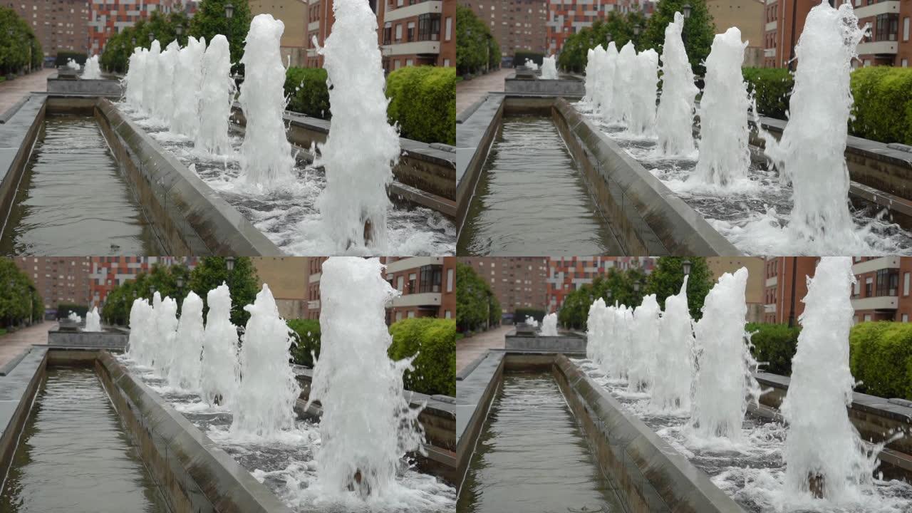 泡沫状的水流上升和下降。城市公园的喷泉巷。慢动作。在木兰树和建筑物的背景下