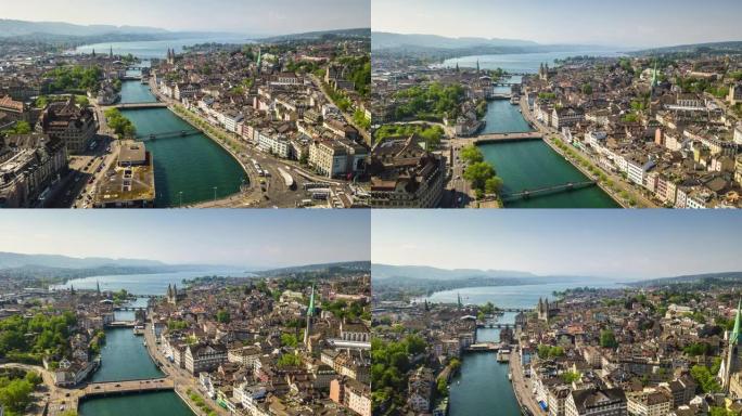 瑞士苏黎世城市景观河畔中心空中全景4k延时
