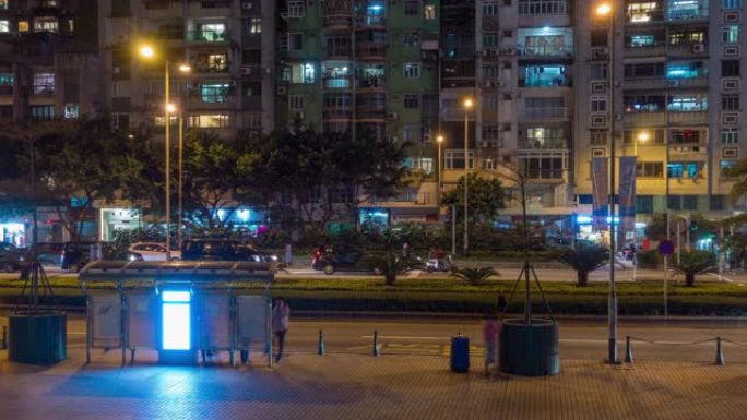 夜间照明澳门城市交通街全景4k延时中国