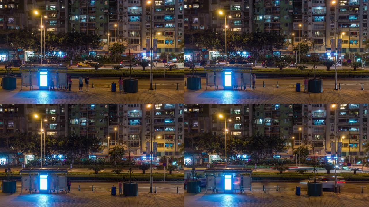 夜间照明澳门城市交通街全景4k延时中国