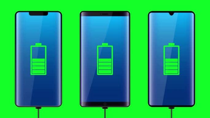 智能手机充电电池隔离在绿色背景上