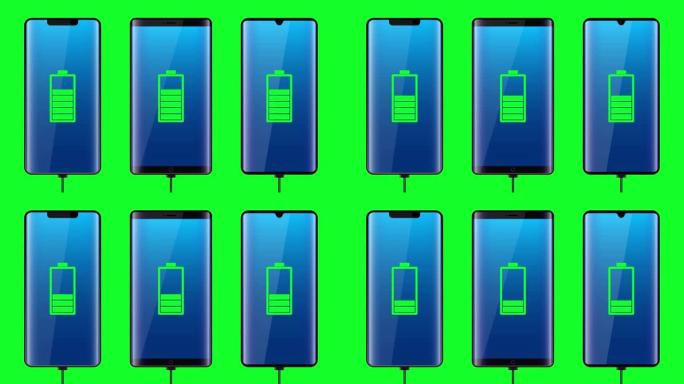 智能手机充电电池隔离在绿色背景上