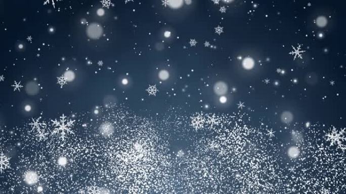 蓝色圣诞背景上的白色五彩纸屑、雪花和波克灯