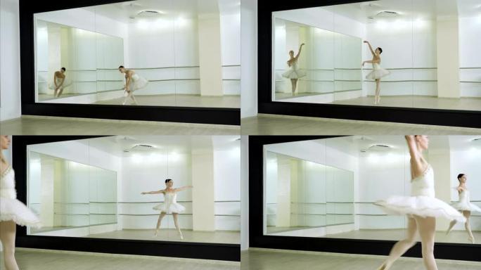 芭蕾舞演员的舞蹈。女芭蕾舞演员在教室里锻炼。4K