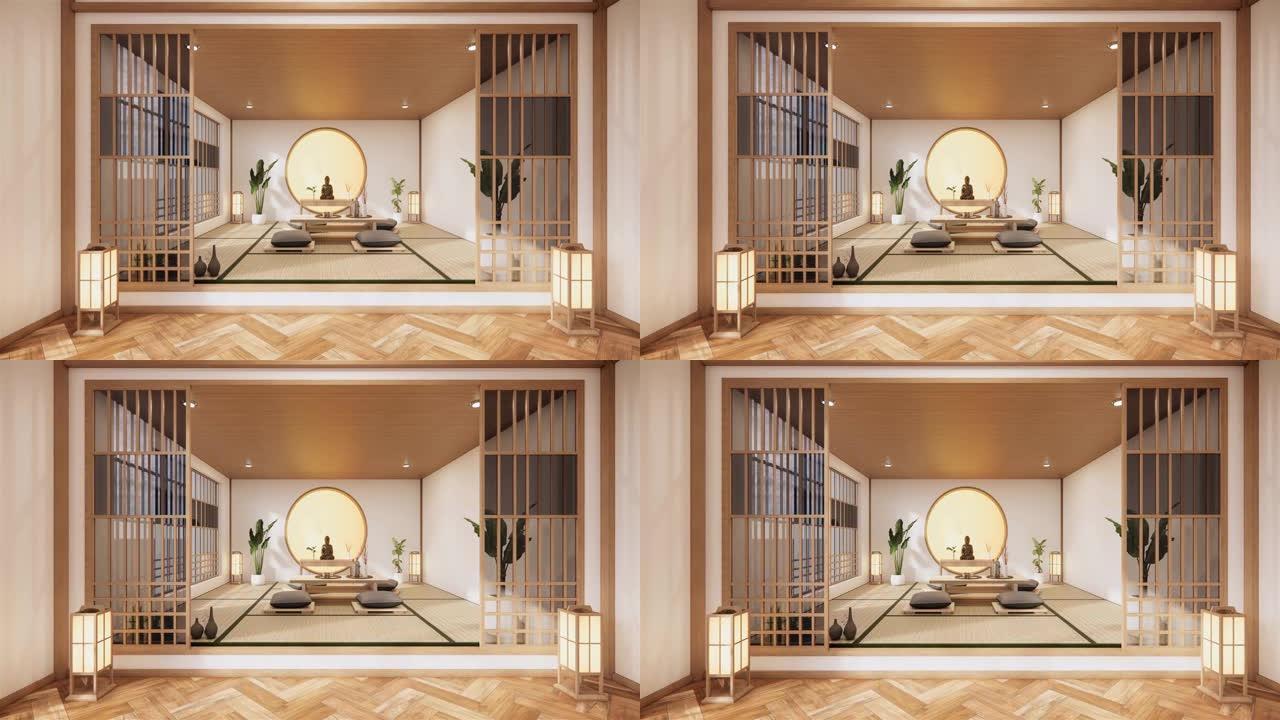 室内采用圆形窗户木制设计理念的日本房间和榻榻米垫。3D渲染