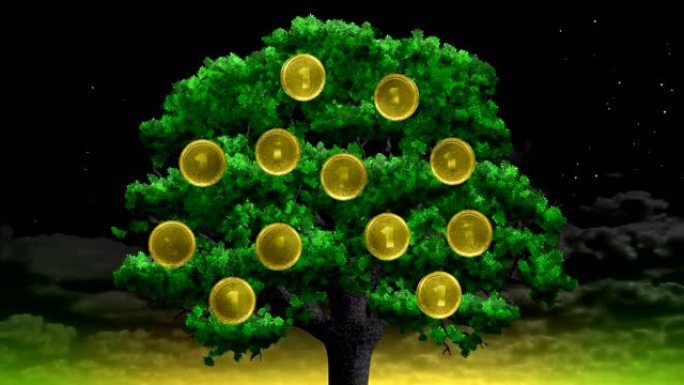 一棵有硬币的树。绿色落叶，挂钱。