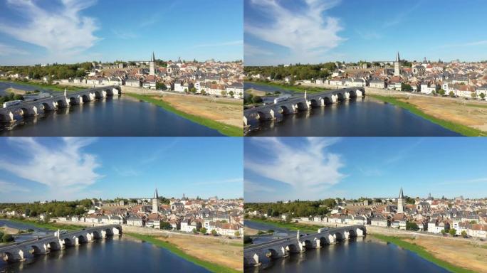 卢瓦尔河上的慈善老城及其在卢瓦尔河，法国，勃艮第，涅夫勒河上的中世纪桥梁，夏季和无人机。