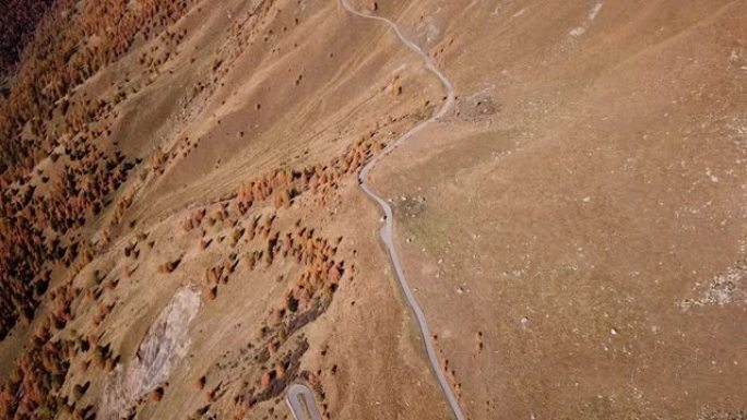 通往意大利加维亚山口的道路。令人惊叹的山弯鸟瞰图创造了美丽的形状。秋季时间。暖色。路上没有人