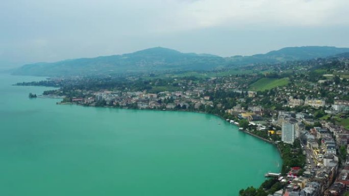 蒙特勒城日内瓦湖著名中央湾空中全景4k瑞士日间飞行