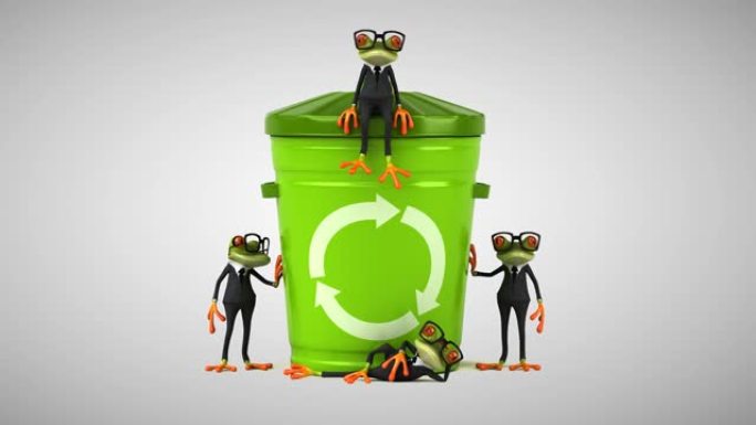 有趣的绿色卡通青蛙回收垃圾