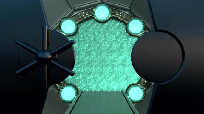 铁舱口打开飞船景观的全景。带门户的科幻走廊的3d抽象背景。未来技术摘要VJ为技术标题和背景。