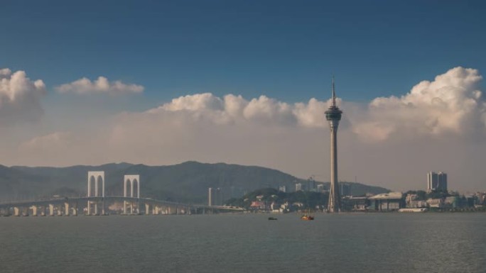 阳光灿烂的一天澳门海湾城市景观全景4k延时中国