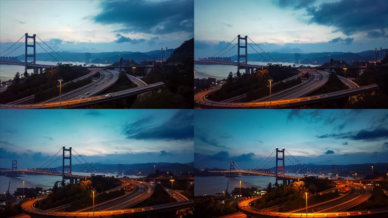 香港青衣区青马大桥的日落和灯光。