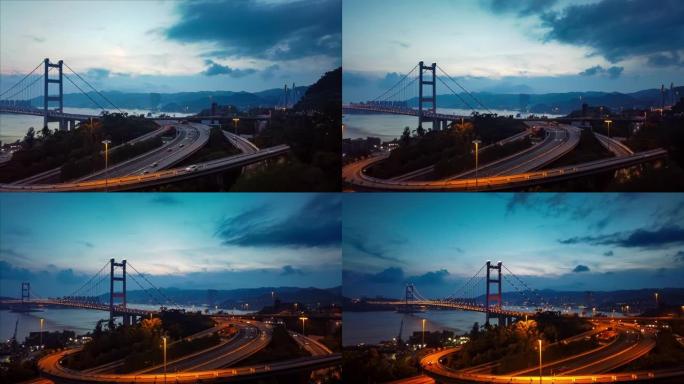 香港青衣区青马大桥的日落和灯光。
