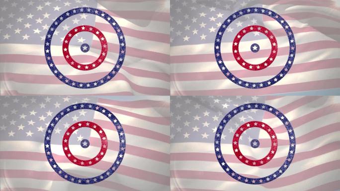 动画圆圈旋转与美国国旗星星和条纹在挥舞的美国背景