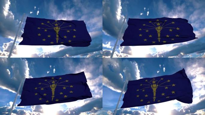 印第安纳州的旗杆在天空中随风飘扬。美国印第安纳州