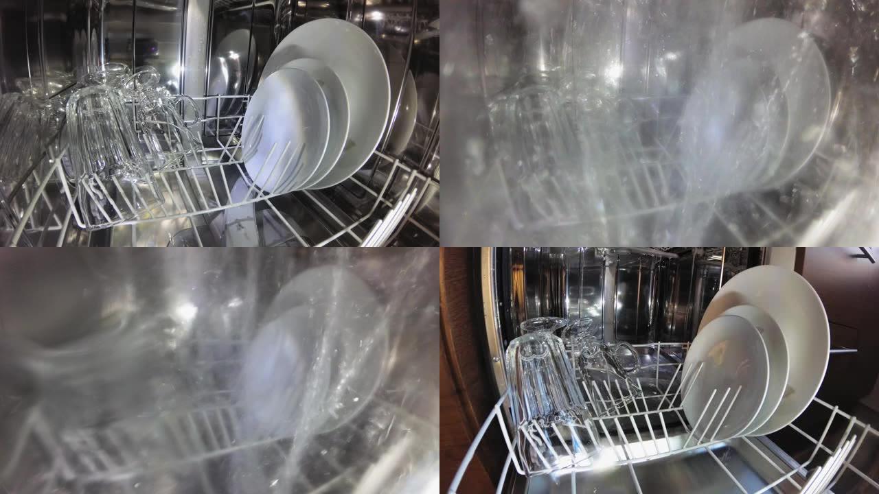 洗碗和玻璃杯时的洗碗机内部