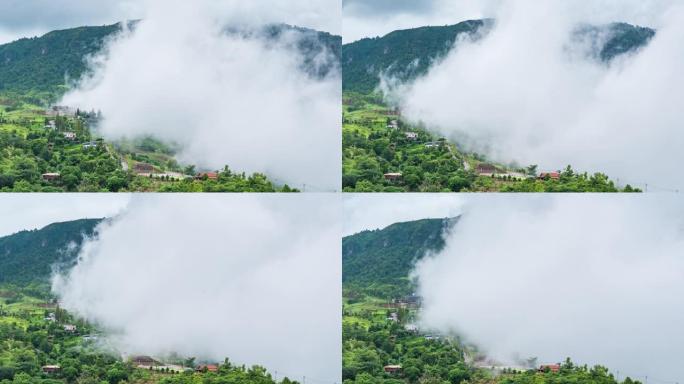 山上有雾的宁静村庄，延时视频