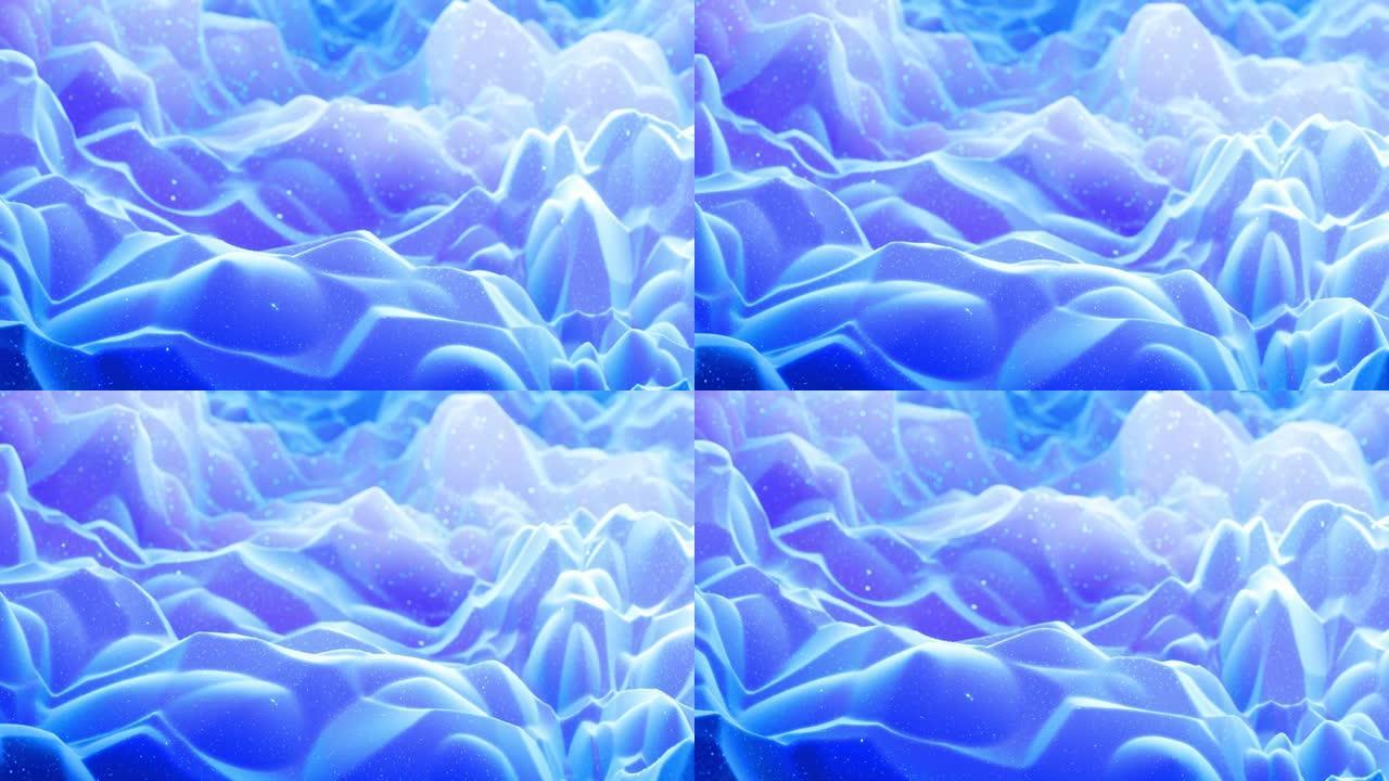 柔和的蓝色哑光材料的抽象波，内部发光，在变形表面上闪闪发光。抽象的几何表面，如景观或地形，挤压或取代