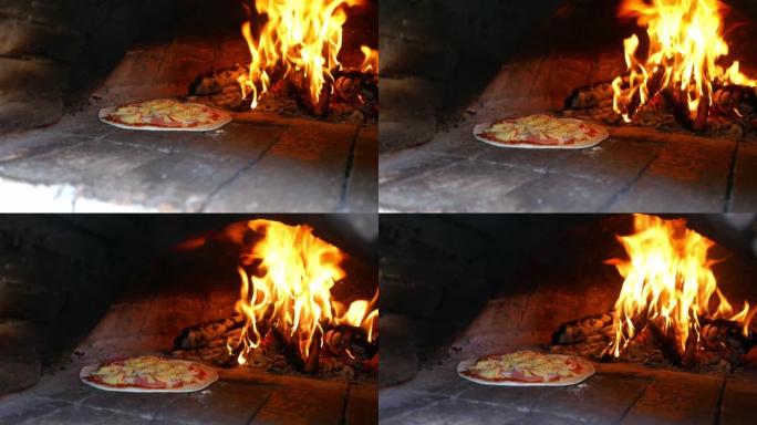 自制美味的马苏里拉奶酪披萨，在粘土烤箱中烹饪，背景为木焰。