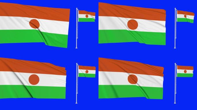 绿屏尼日尔两面旗帜挥舞着尼日利亚旗杆动画3d色度键